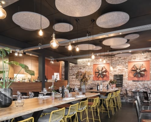 playful, acoustic and decorative custom ceiling islands for a restaurant