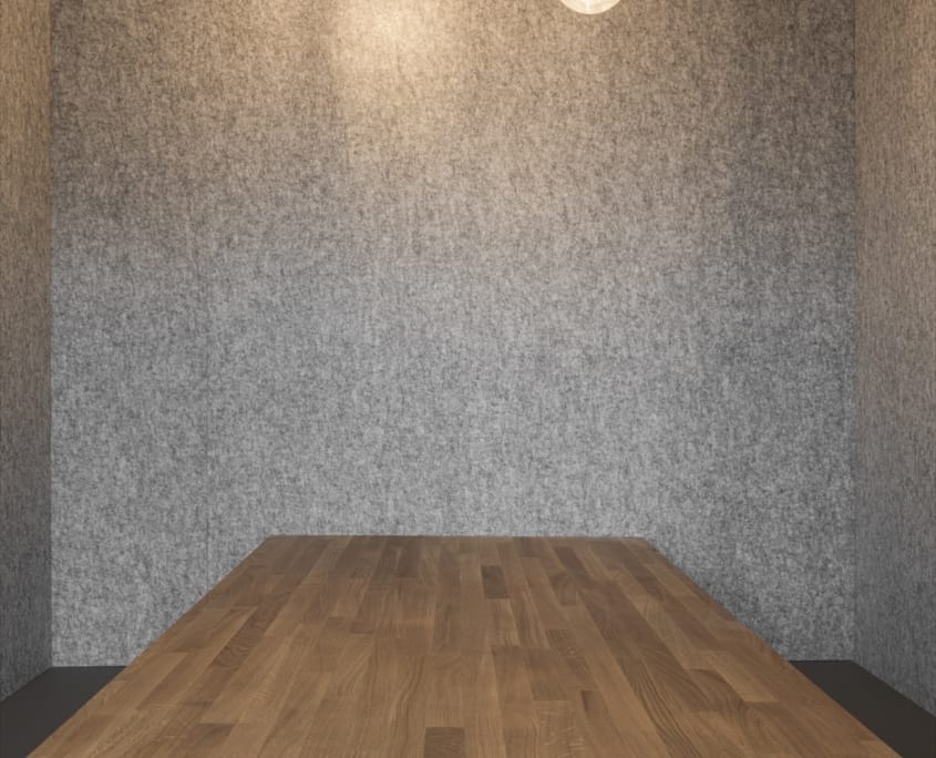 Detail akoestische wand silver met houtwerk en lampen
